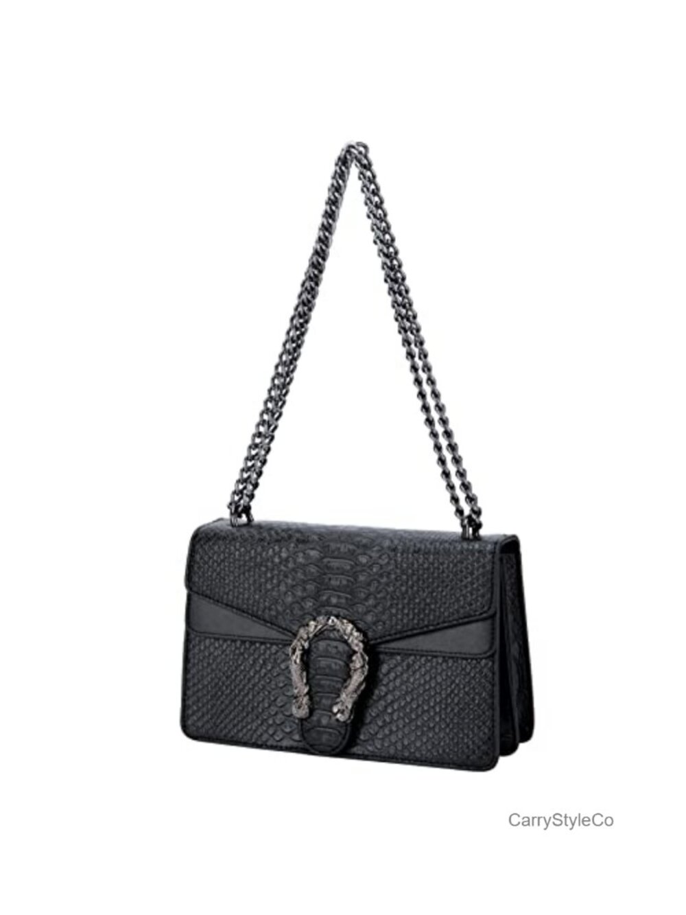 Faux Leather Snake Print Chain Crossbody Satchel Bag Women